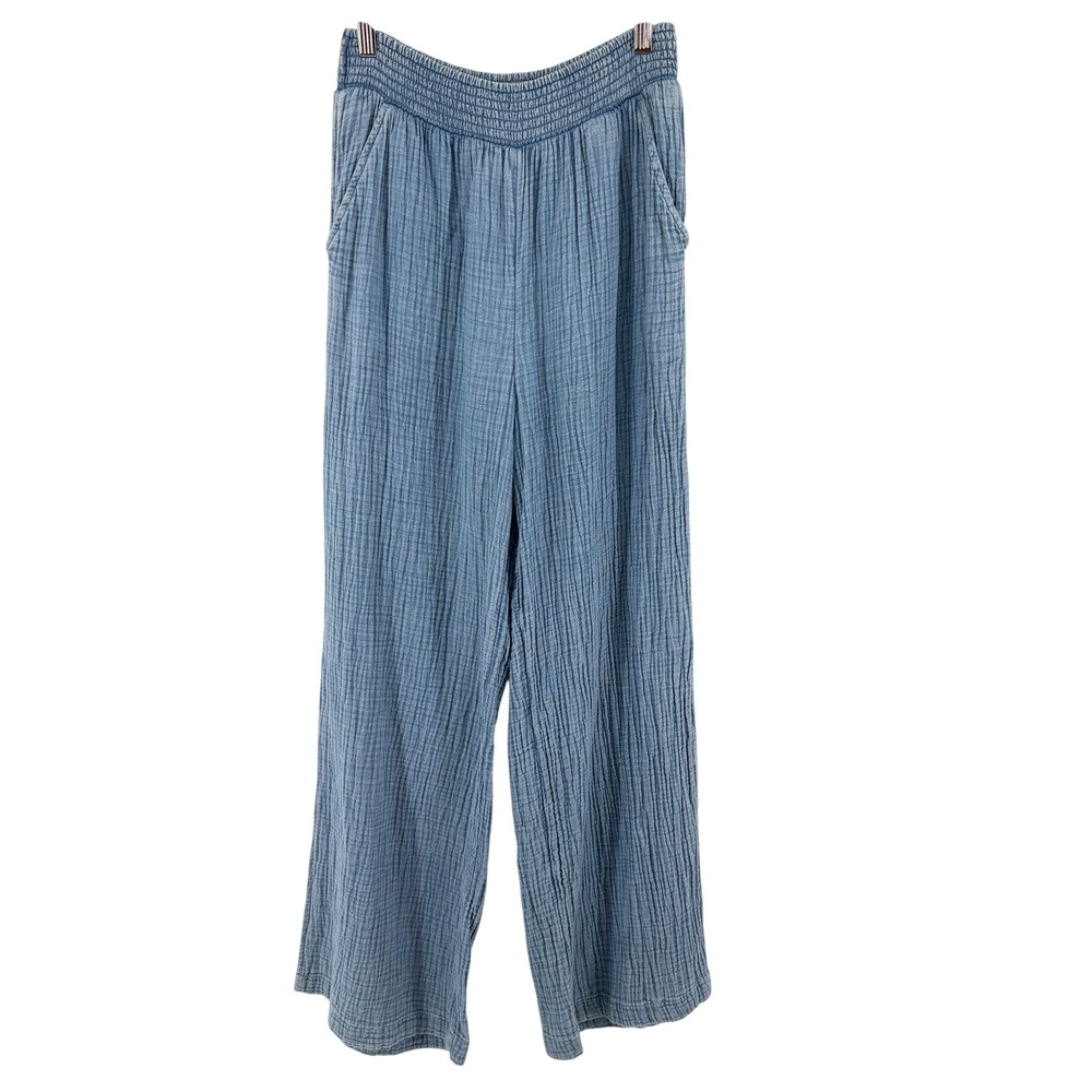 Aerie Wide Leg Pants Smocked Gauze Blue Medium Womens Beach Boho Loungewear